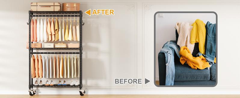 【Buy 1 Get 1 Free】Heavy-Duty Rolling Clothes Rack P1 Portable Wardrobe with Wheels for Hanging Clothes Organiser,Hold 500lbs Hangable Black Closet Storage System Adjustable Standing Shelf Folding Trolley Cart