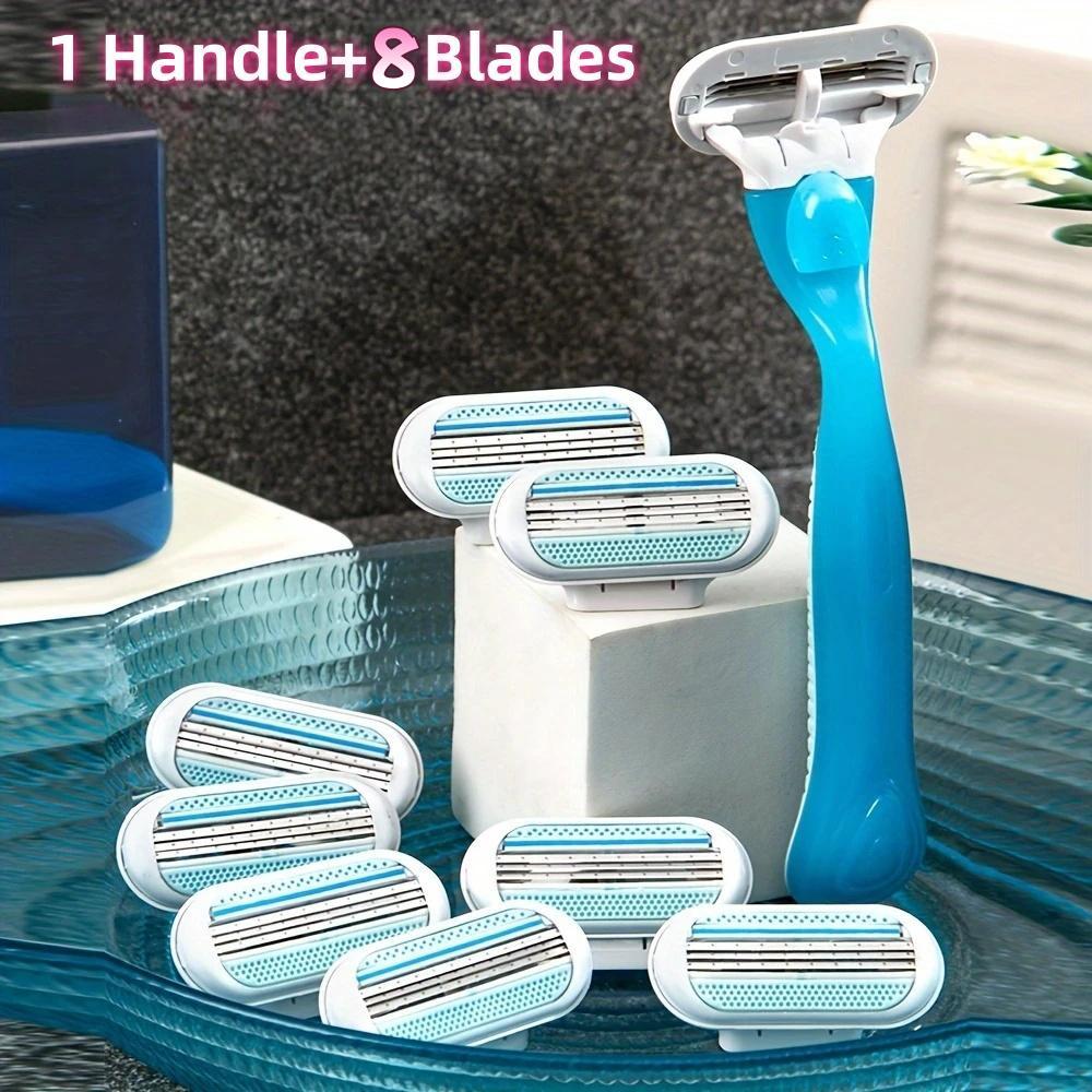 Unisex Manual Razor Set, 9 Pieces Including Handle & 8 Replacement Heads, Stainless Steel Blades, Safe Replaceable Shaving Heads