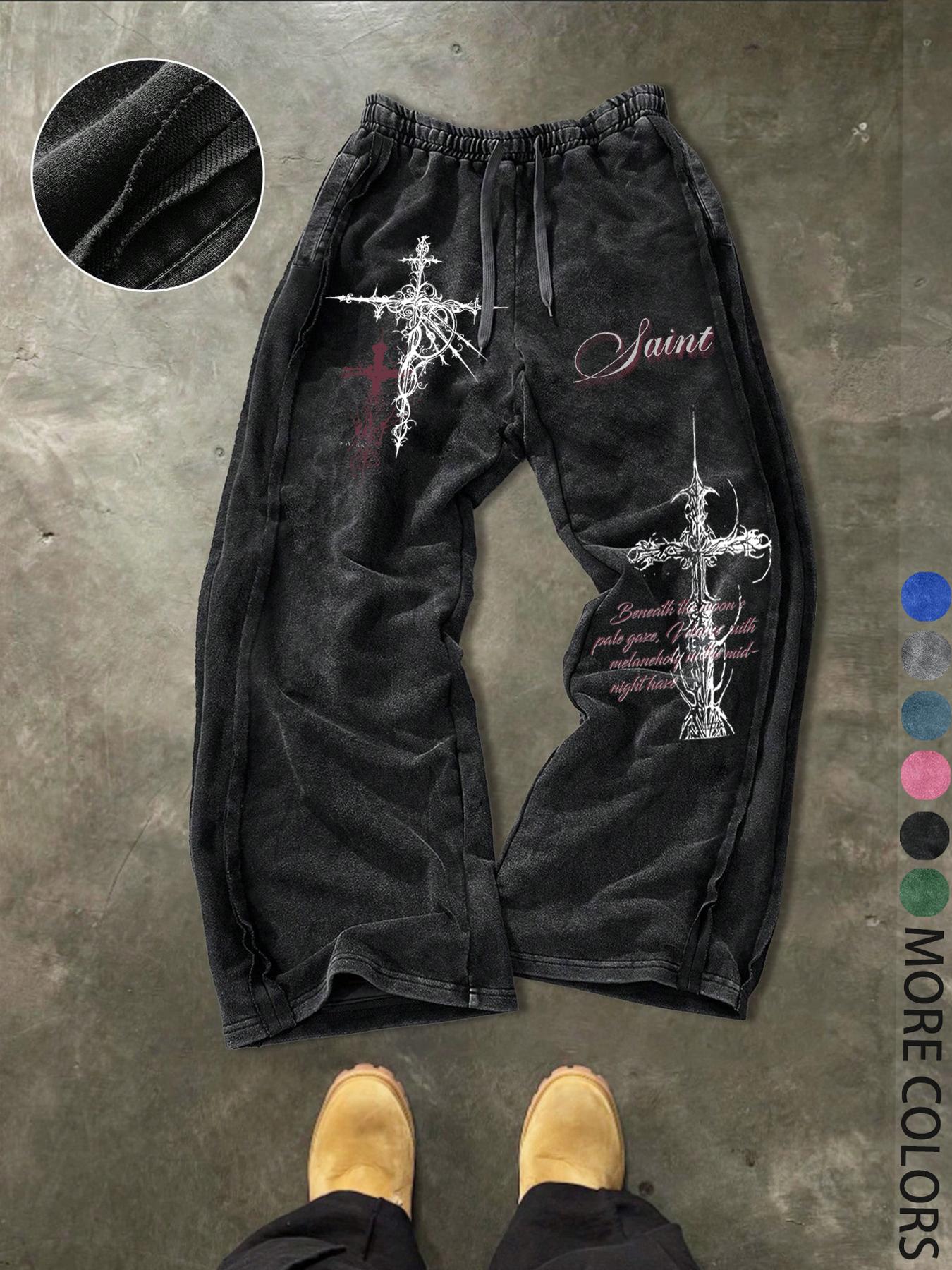 Unisex Gothic Street Style Saint's lettering and Gothic cross pattern print Cotton Sweatpants, Loose Fit Elastic Waist, Casual Fashion Pants for All Seasons,Gothic outfits， Men's Daily Wear Gift