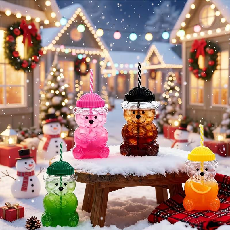 Teddy Bear Water Cup 550ML, Cute Small Bear Plastic Cup Tumbler with Detachable Straw, Home Bar Restaurant Car Use, Casual Cafe Drinkware