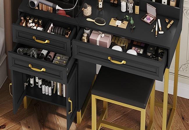 Sikaic Glass Top Makeup Vanity Set with Bench Lighted Mirror Charging Station Furniture Cosmetic Storage Drawer Modern Organization Aesthetic Design Minimal