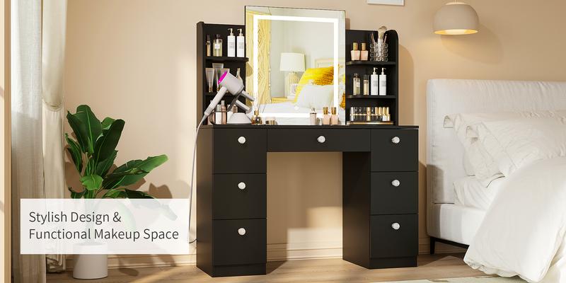 VOWNER Modern Makeup Vanity Table Set with Glass Top 3 Color LED Lighted Mirror 7 Drawers & Power Strip 43.3x16x55 Inches