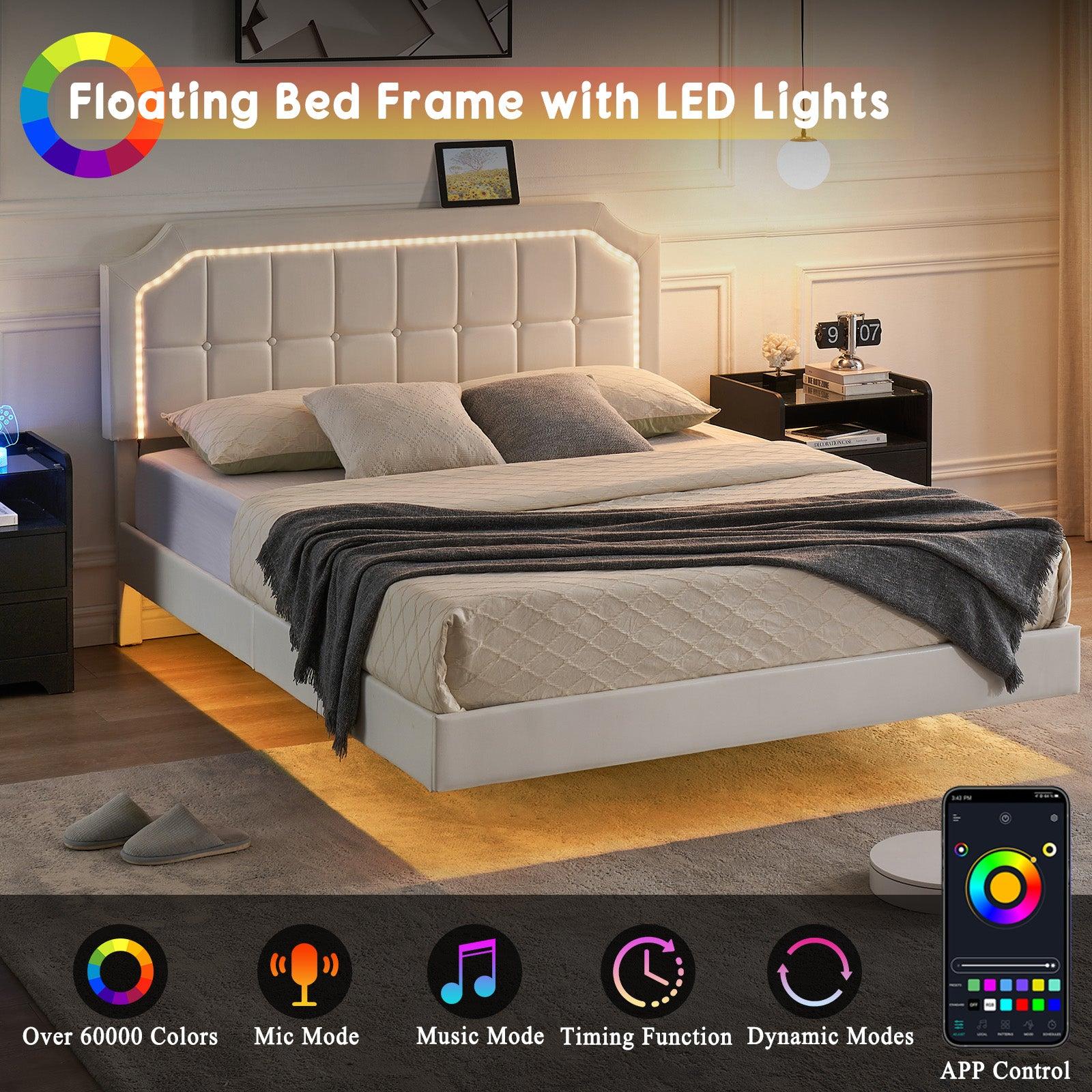 GARVEEFloating Queen Bed Frame with RGB LED Lights, Adjustable Upholstered Headboard, Metal Construction, Easy Assembly, Modern Design, White
