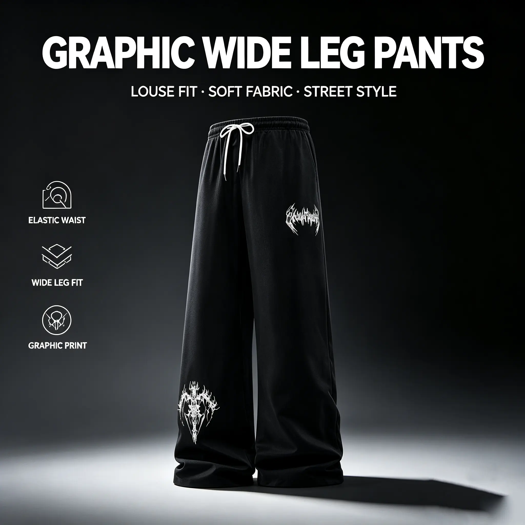 Men's Gothic Print Wide Leg Casual Pants Elastic Drawstring Streetwear Trousers