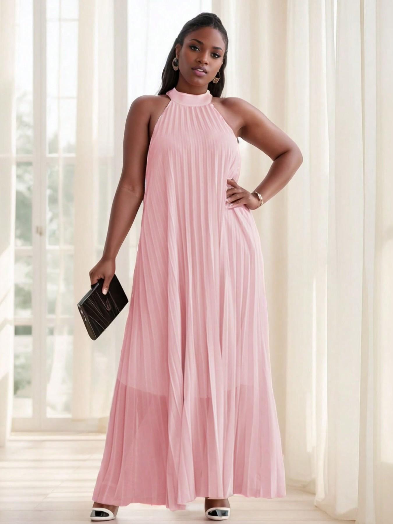 Women Plus Size Sleeveless Halter Neck Pleated Maxi Dress, Casual Loose Long Sundress for Party Vacation, Multi Color Options