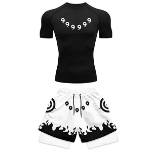 Anime Compression Set Running Sport Fitness Suit for Men Quick Dry Compression Shirt+Gym Shorts 2PCS Workout Summer Sportwear