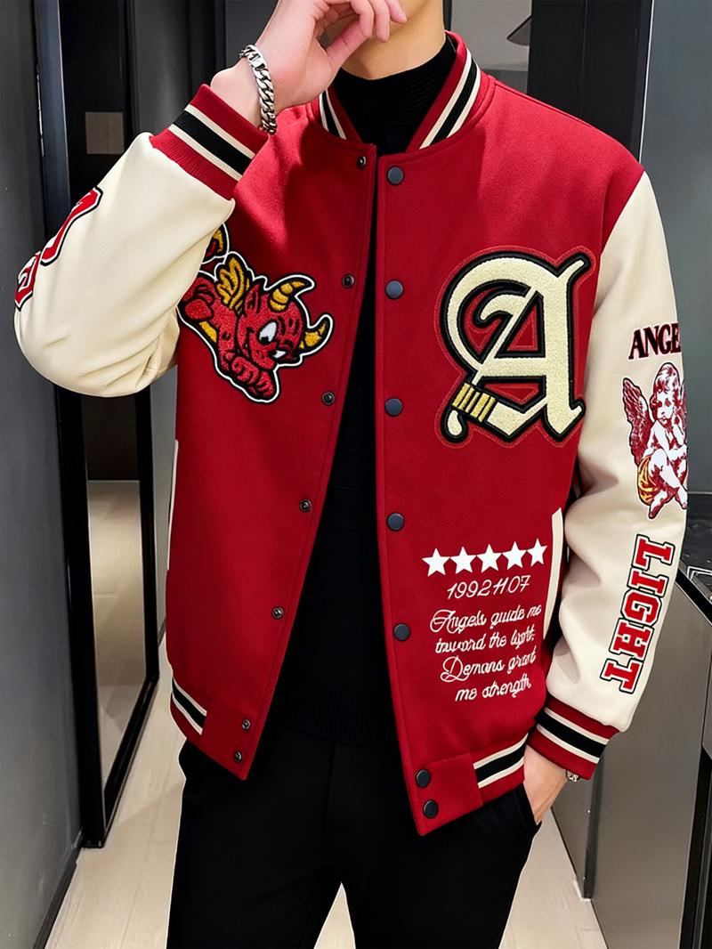 Vintage Street Style Embroidered Baseball Jacket, Redmi Patch Devil Angel Badge, Casual Fitted Varsity Jacket, Fall & Winter Fashion Vintage Street Style Embroidered Baseball Jacket, Redmi Patch Devil Angel Badge, Casual Fitted Varsity Jacket, Fall & Winter Fashion