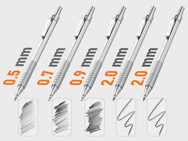 Nicpro 5Pack Metal Mechanical Pencils Set in Case, Art Drafting Pencil 0.5, 0.7, 0.9mm & 2 Pack 2mm Graphite Lead Holder(4B 2B HB 2H) with 10 Tube Lead Refills Erasers