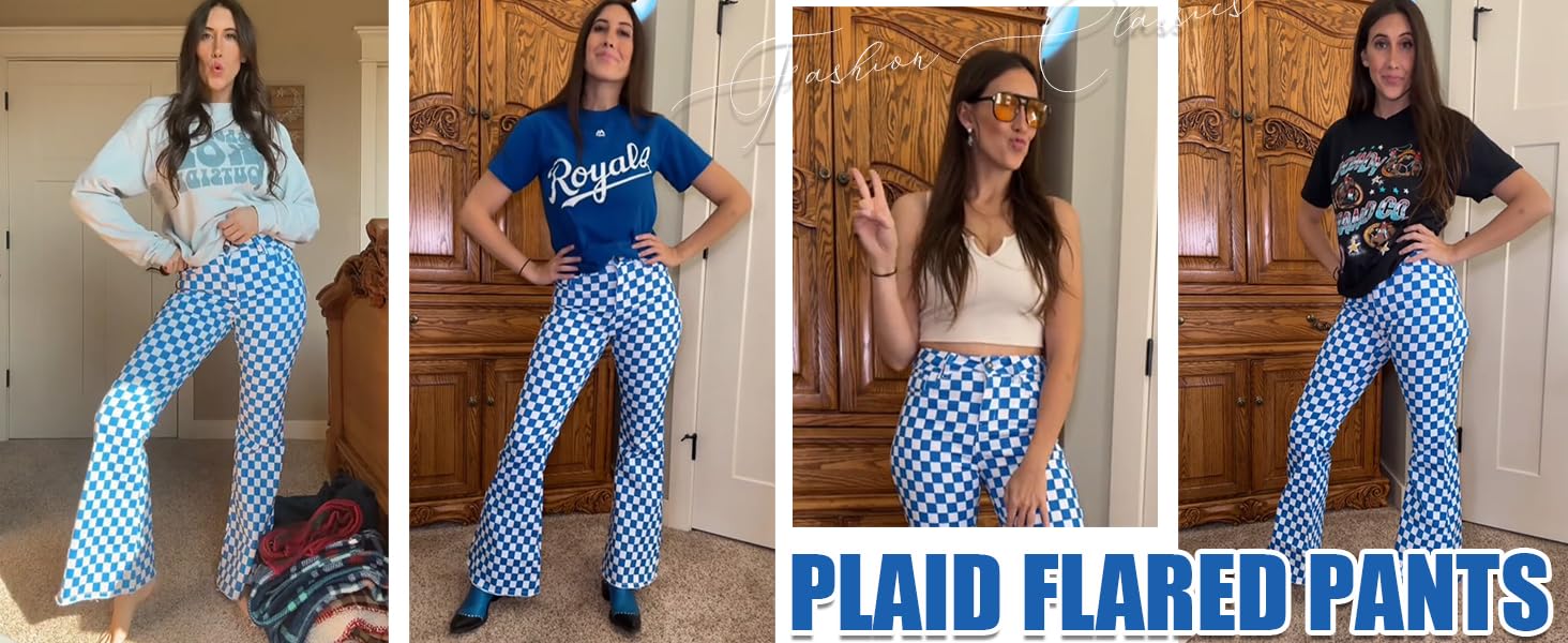 Odefou St. Patrick's Day Checkered Women’s Flare Jeans Spring Womeswear Stretchy Denim High Waist Plaid Bell Bottom Pants Football Game Outfit Slim Fit Retro Streetwear Y2K Party Casual Trouser Gifts for Wife