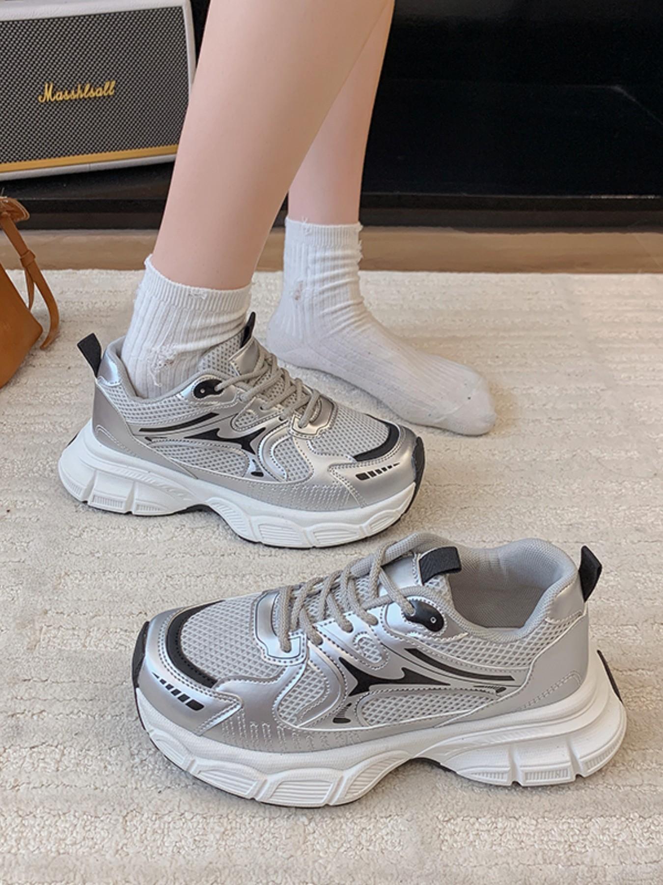 Women's Silver Patchwork Sneakers, Thick Sole Dad Shoes, Casual Round Toe, Medium Width, All Seasons, Multiple Colors Available