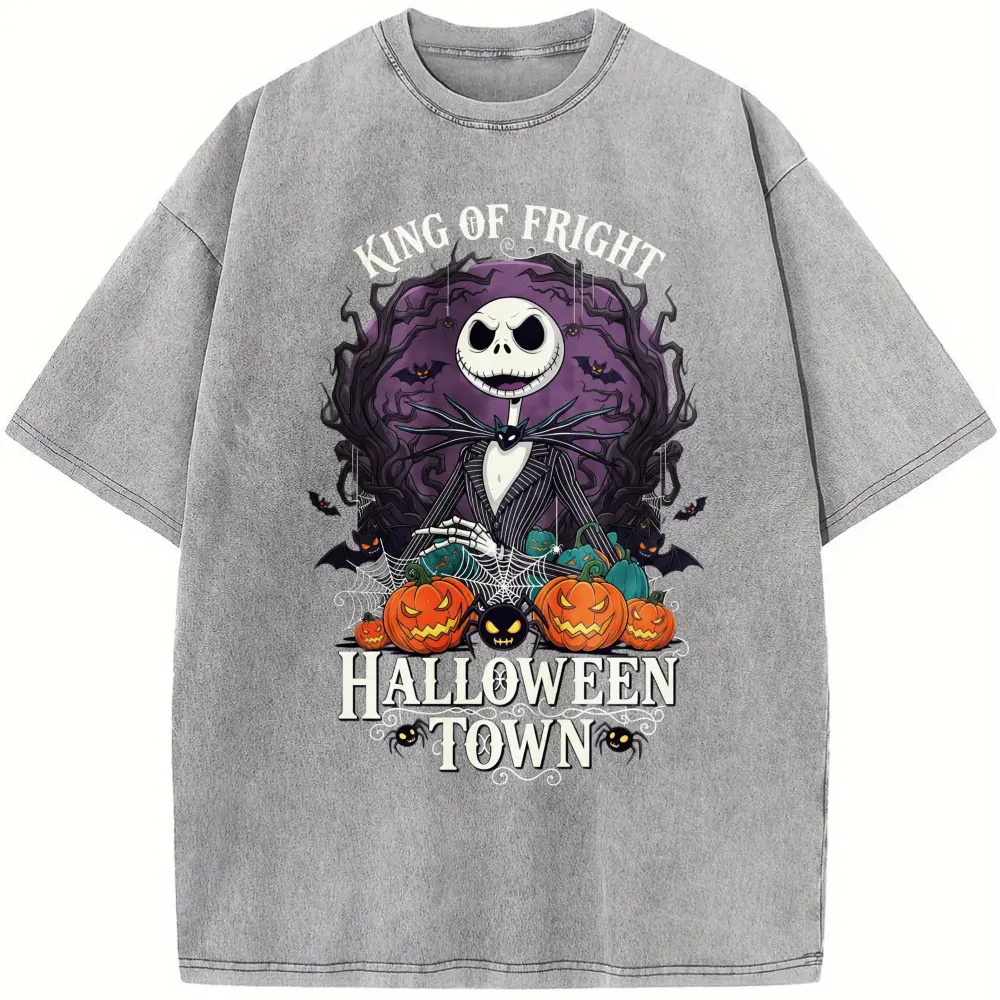 Men's Halloween Graphic Shirt Vintage Washed Tee, Jack Skellington Skull Print Halloween Town Design, King of Fright Pumpkin Bat Spider Web Graphic Clothing, Gothic Horror Streetwear T-Shirt, Retro Vintage Shirts for Men, Spooky Season Fall Outfit