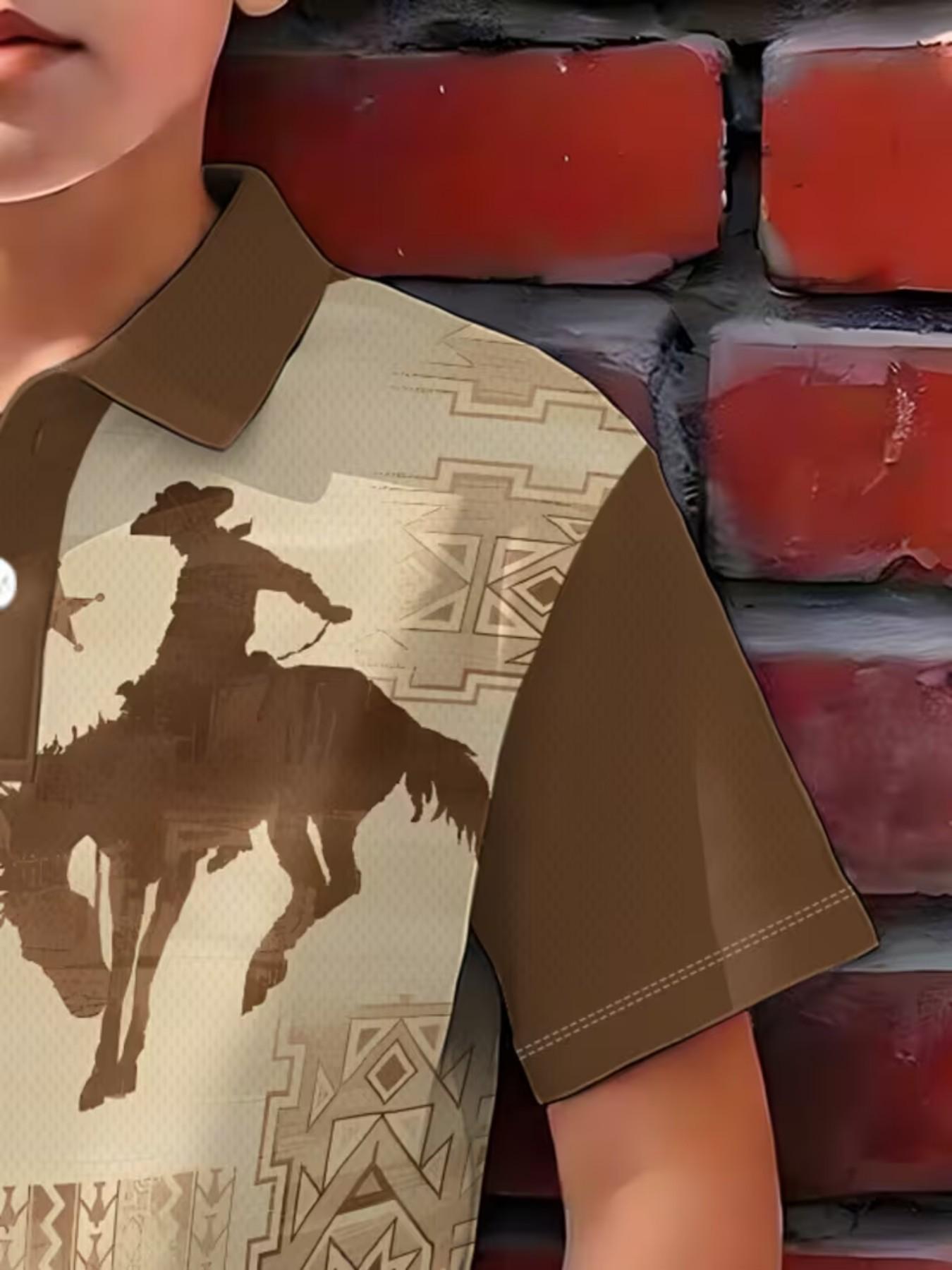 Fashion Short Sleeve Polo Shirt, Loose Fit, Horse Print, Boys' Summer Top, Breathable and Comfortable Kids Clothing