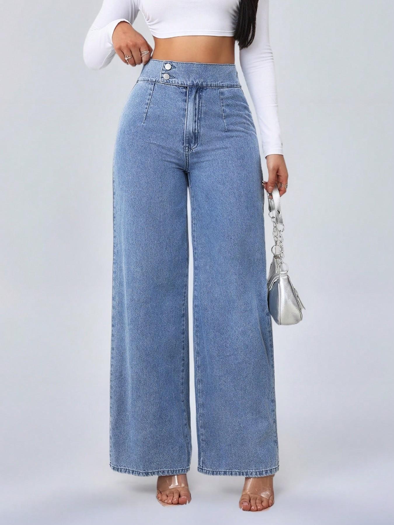 Women's Vintage Elegant High Waist Wide Leg Light Wash Denim Jeans Trouser, Button Front Elastic Waist Loose Fit, Casual Fashion Pants for All Seasons, Womenswear
