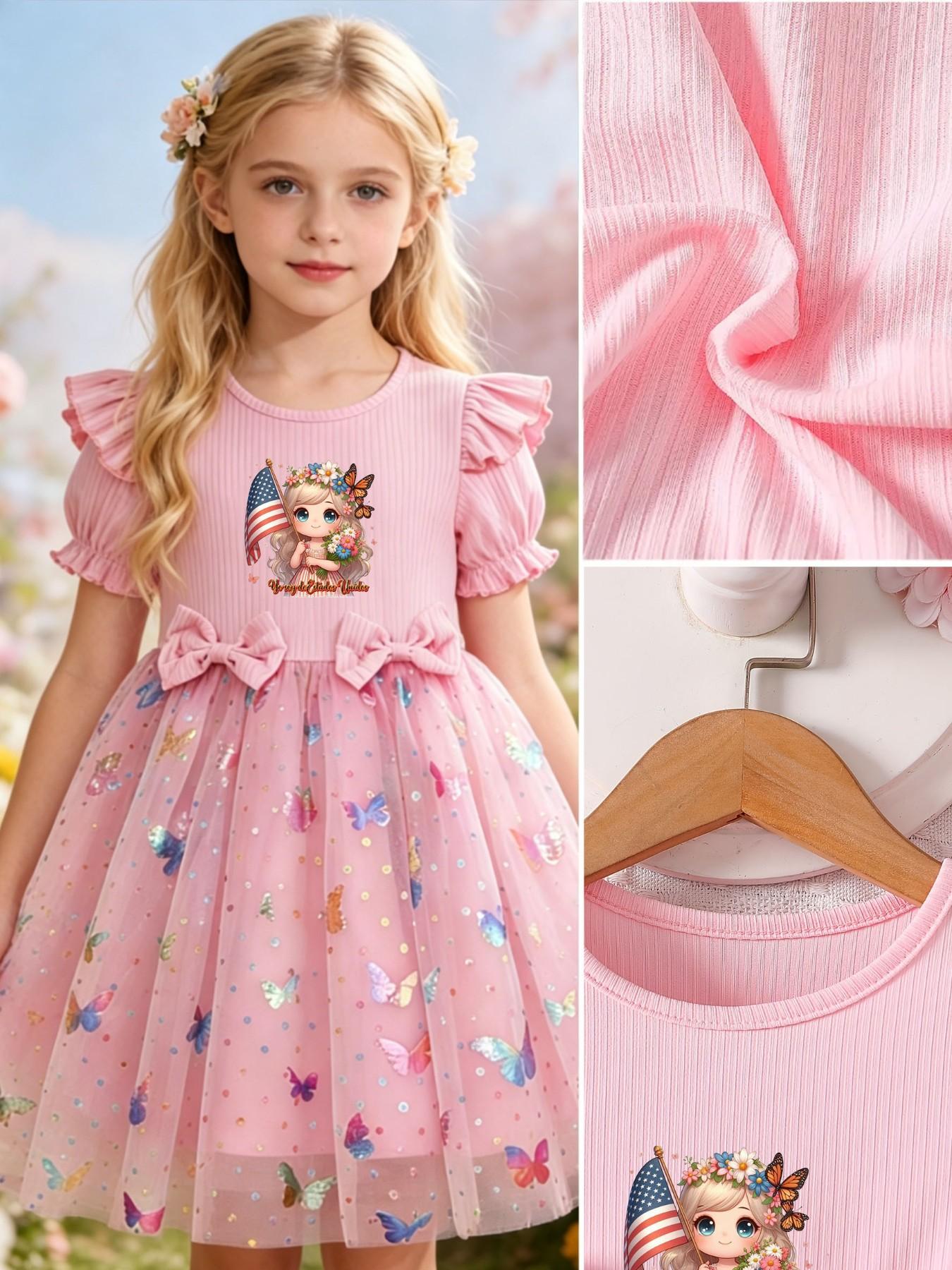 Girls' Elegant Princess Dress, Cartoon Butterfly Print, Slim-Fitting Summer Gown, Perfect for Easter, Valentine's Day, Parties, Gifts, Birthdays