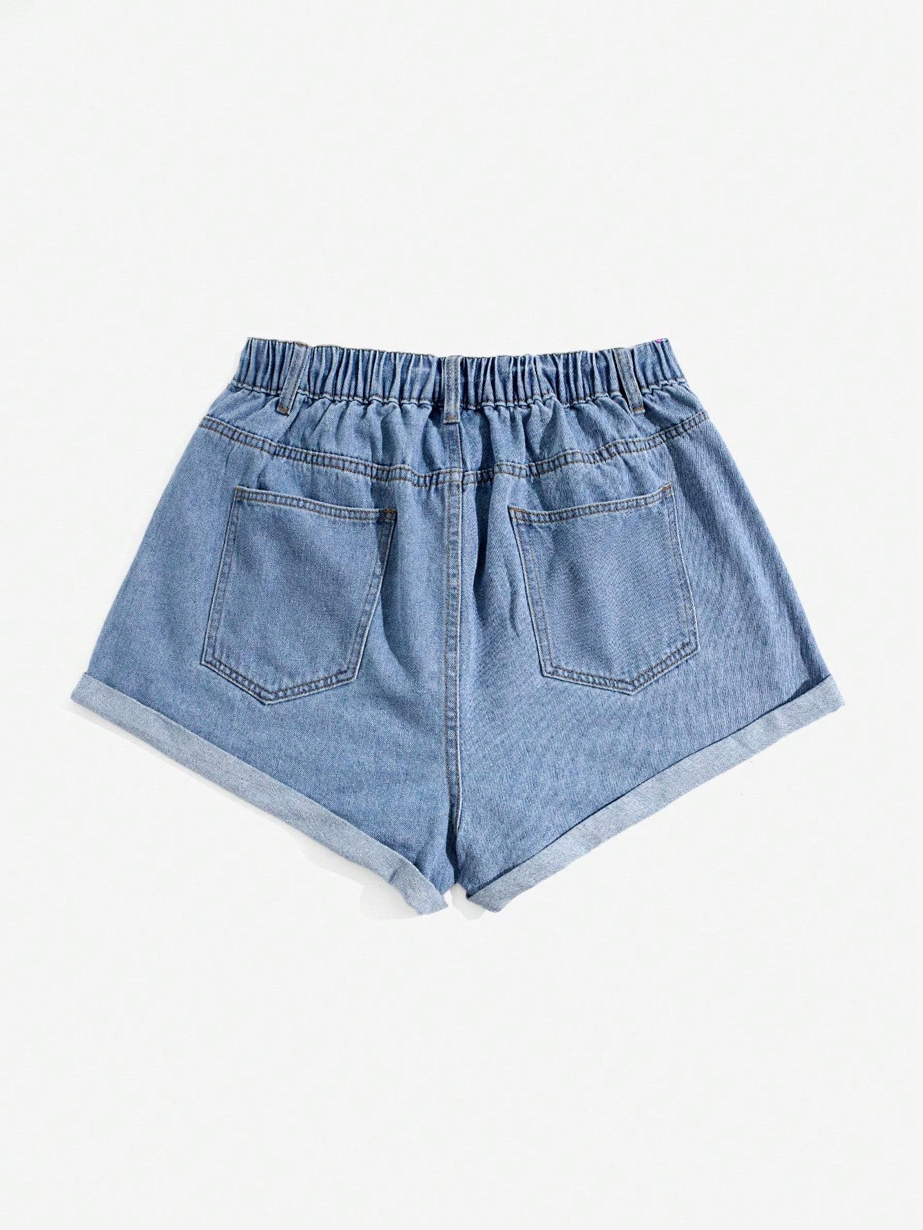 Women's Plus Size Basic Washed Denim Shorts, Denim Mom Shorts, Cuffed Denim Shorts, Folded Hem, Casual Summer Wear, Comfortable and Stylish, Perfect for Daily Use