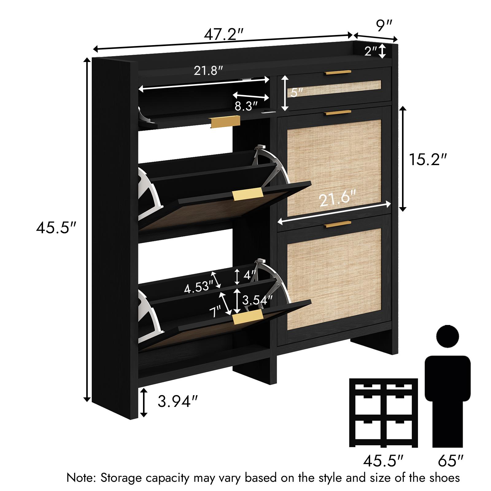 PieDle Furniture Oversized Rattan Shoe Storage Cabinet with 4 Flip Drawers & 2 Drawers – Hidden Slim Shoe Organizer for Entryway, Large Tabletop Space, Farmhouse Boho Narrow Shoe Rack