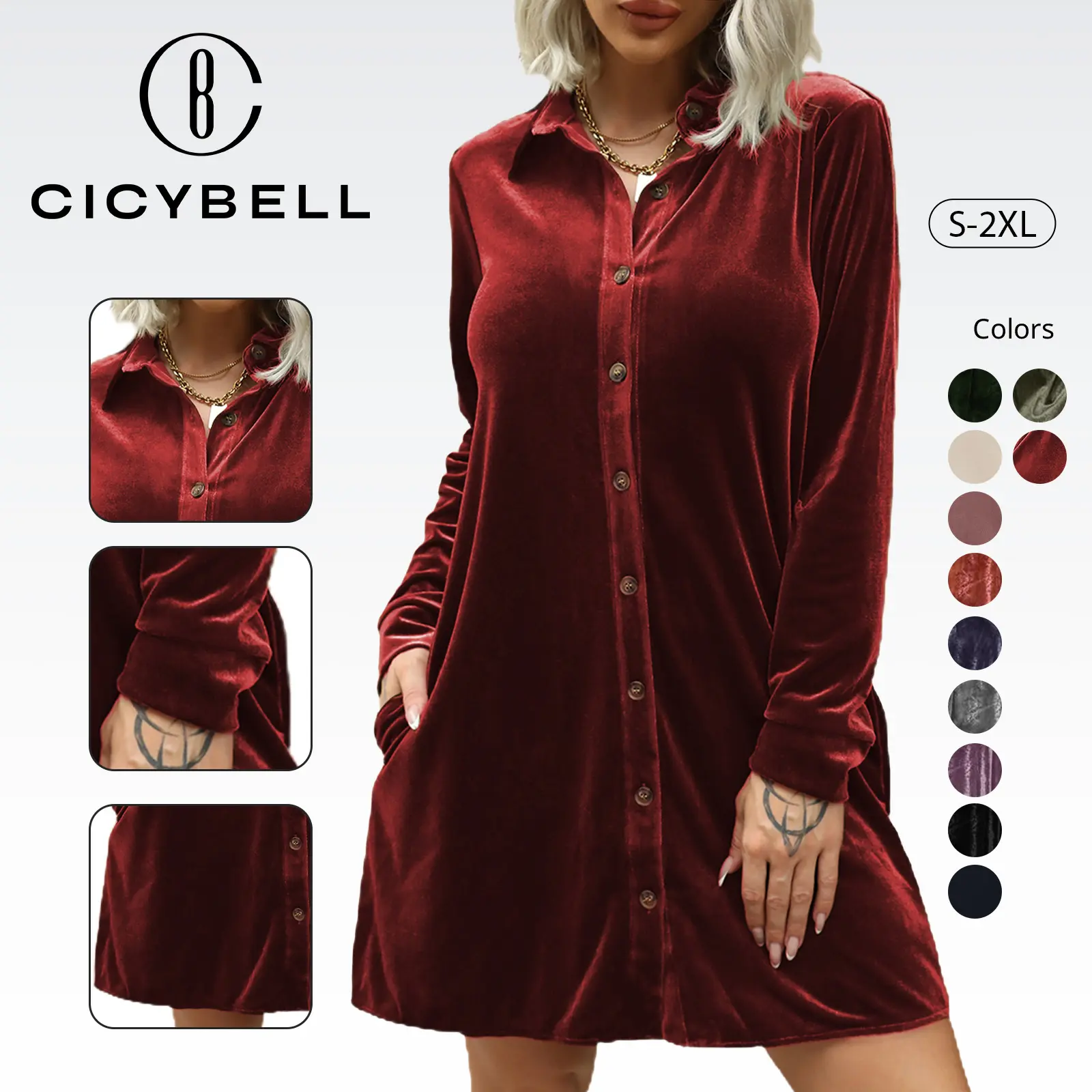 Cicy Bell  Women's Velvet Button-Up T-Shirt Dress with Pockets Irregular Hem Waist-Cinching Medium Thickness Chic Design