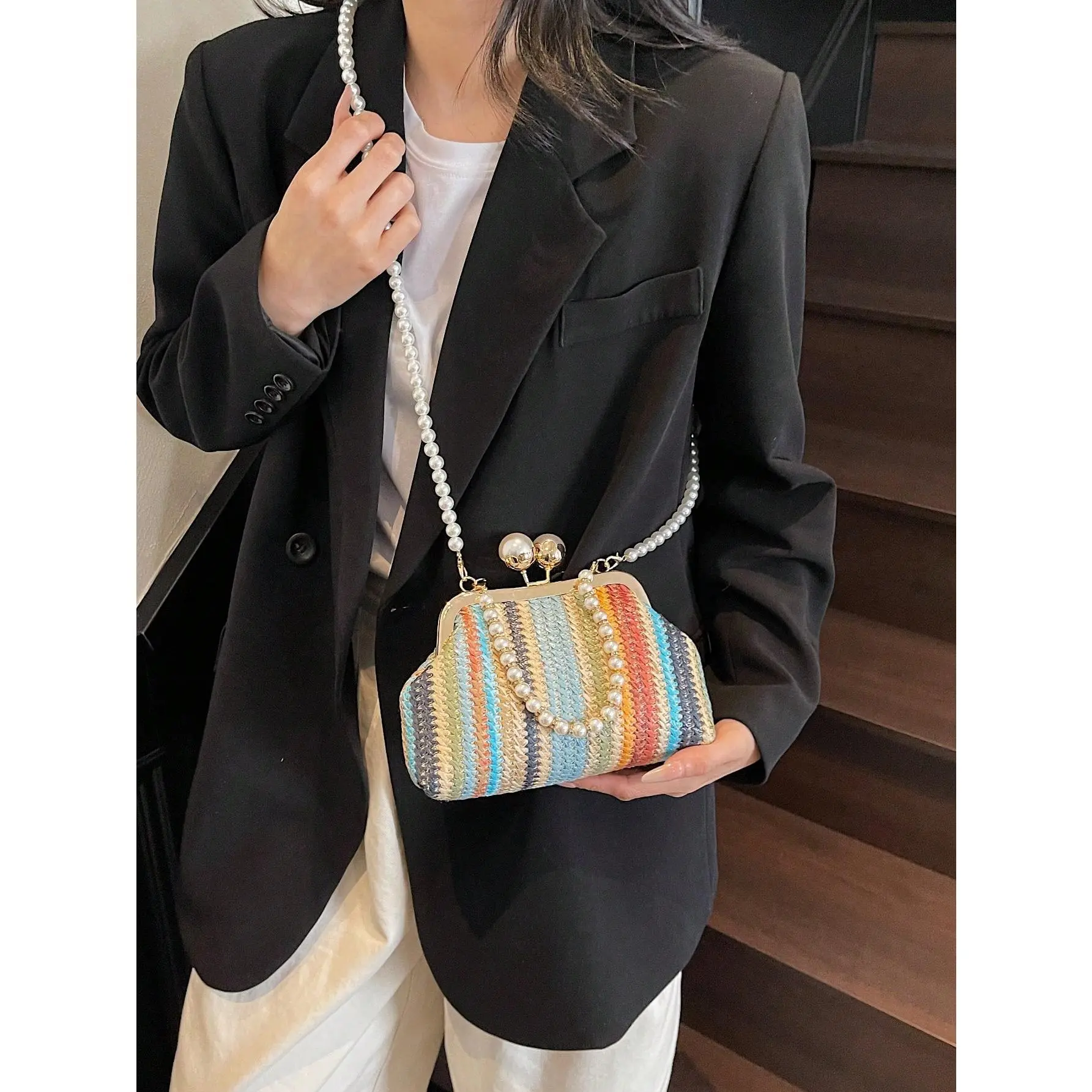 1pc Rainbow Color Woven Clutch Bag, Minimalist & Fashionable, Suitable For Casual/Daily Use, Woven Bag