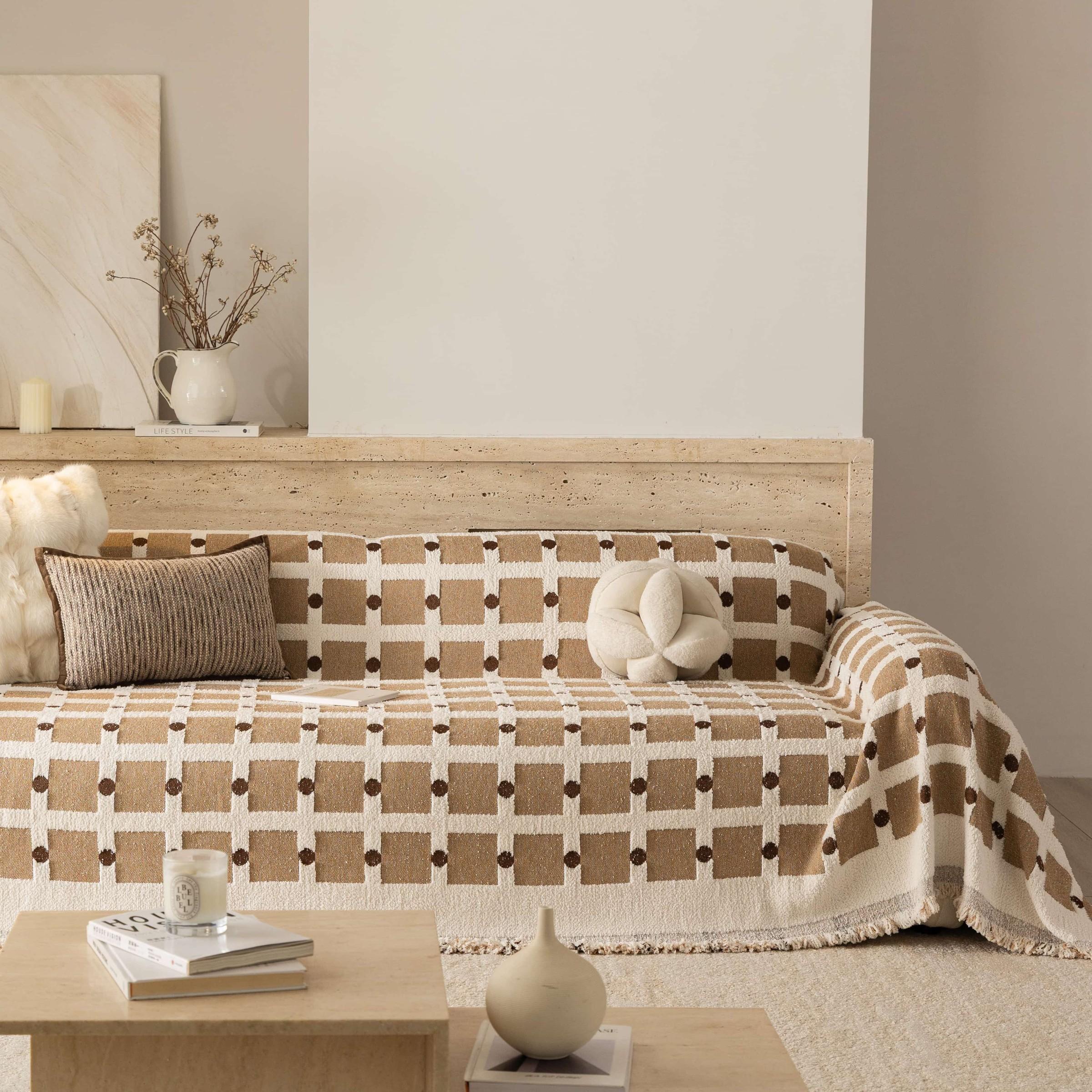 Thick Half-Fleece Sofa Cover, Vintage Checkered Sofa Towel, All-Season Universal Sofa Set, Anti-Scratch, Anti-Dirt, Anti-Slip, Boho Style