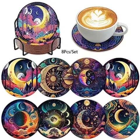 8-Piece Diamond Art Coaster Set with Stand, DIY Moon Pattern Diamond Painting Coasters, Suitable for Adults and Beginners, Perfect Gift