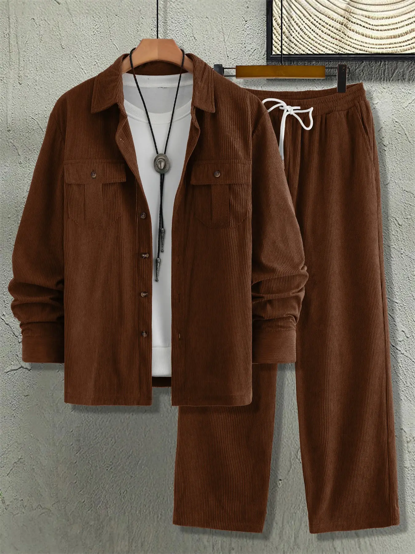 Men's Retro Coffee Color Vertical Corduroy 2-Piece Outfit Set, Lapel Single-breasted Long Sleeve Workwear Style Shirt Jacket With Dual Chest Patch Pockets, Straight Leg Casual Trousers With High Waist White Drawstring Elastic Waistband, Thick Skin-friendl