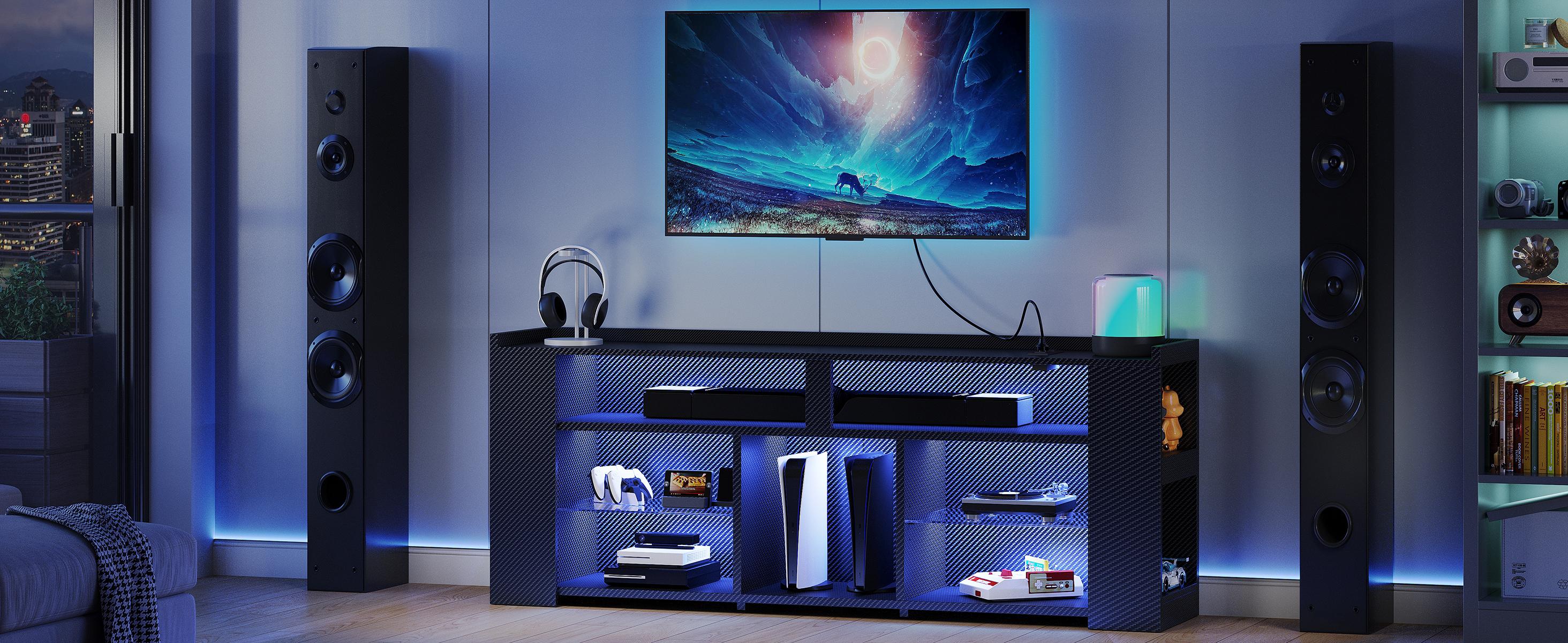 IRONCK Entertainment Center with Storage, Tall TV Stand W/Power Outlet, LED Gaming TV Cabinet for PS5, Black TV Stand with Carbon Fiber