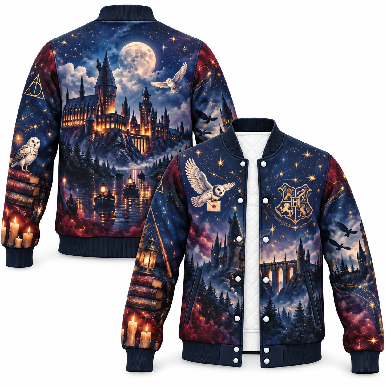Harry Potter Hogwarts Varsity Bomber Jacket, All-Over Graphic Baseball Jacket with Hogwarts Castle Owl Print, Snap Button Long Sleeve Streetwear Outerwear