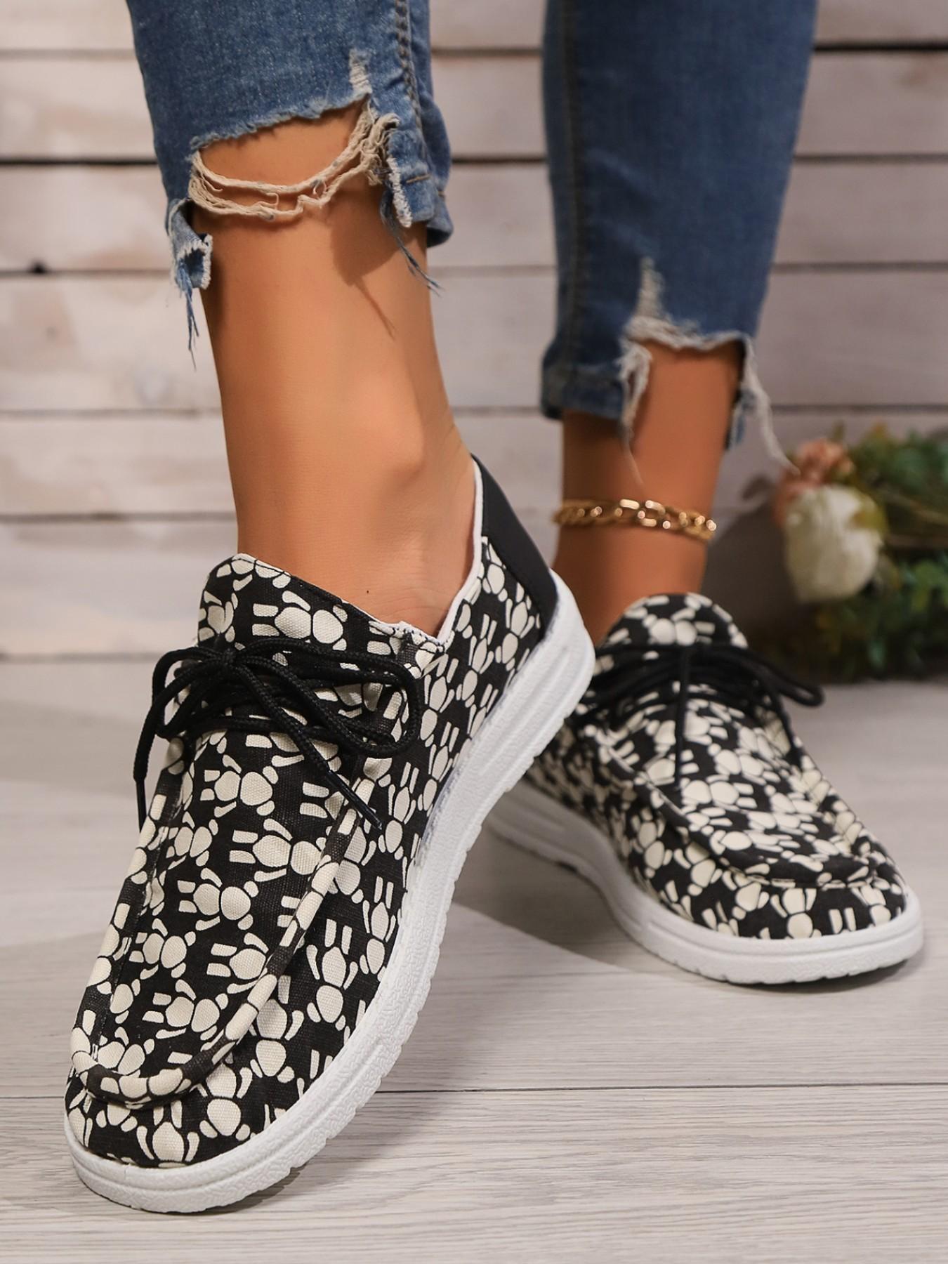 Women's Fashion Print Lace-Up Sneakers, One-Step Slip-On, Comfortable Breathable Outdoor Walking Shoes, Round Toe Casual Daily Wear-