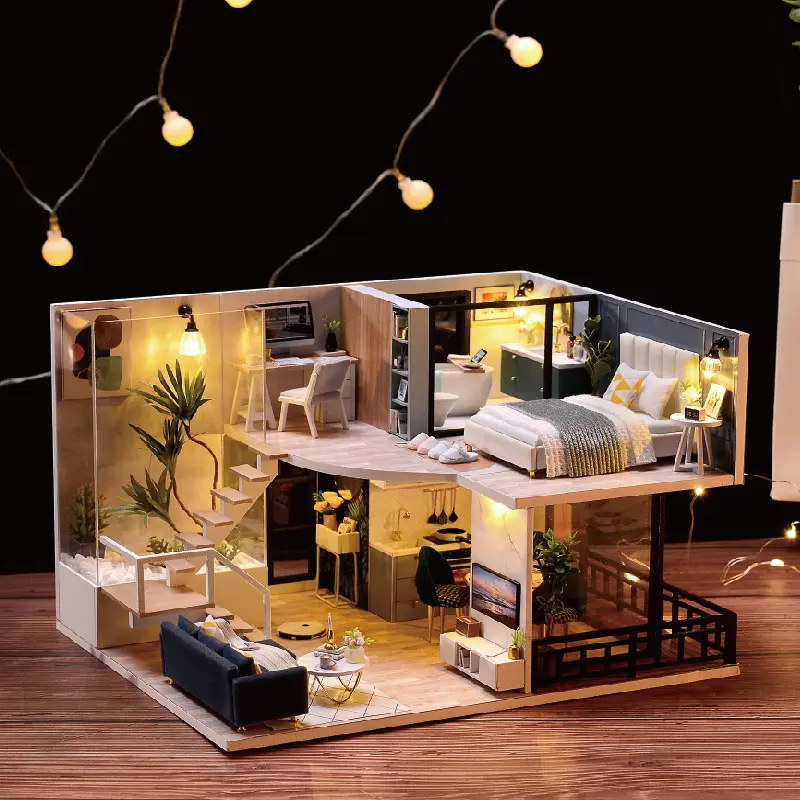 Loft House DIY Wooden Miniature House Kit, 1 Box DIY Miniature House Kit, DIY Handmade Model Building Micro Kit, Wooden 3D Puzzle Toy