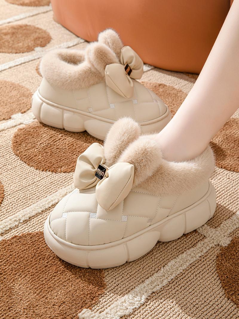 Women's Fashionable Bowknot Design Plush Slippers, Casual Comfortable Home Slippers, Warm Slippers for Indoor & Outdoor Use for Fall & Winter, Footwear, House Slippers