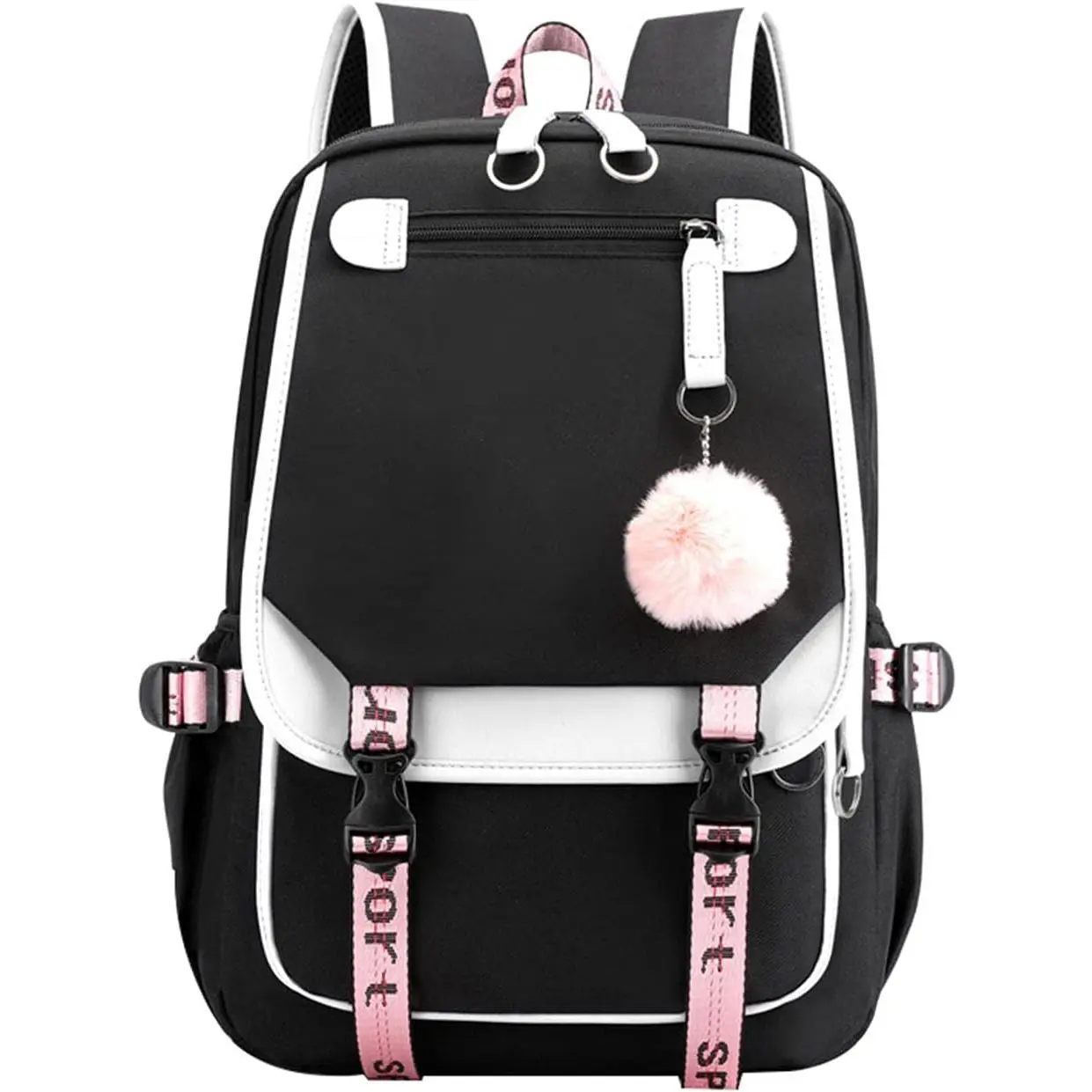 Teenage Girls' Backpack Middle School Students Bookbag Outdoor Daypack with USB Charge Port (21 Liters, White Black)
