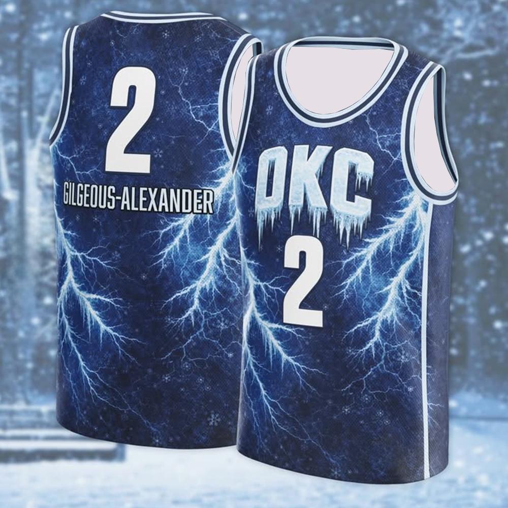 American Basketball Jersey Shai Gilgeous Alexander #2 Ice Blue Lightning Print Breathable Mesh Sleeveless Sports Top
