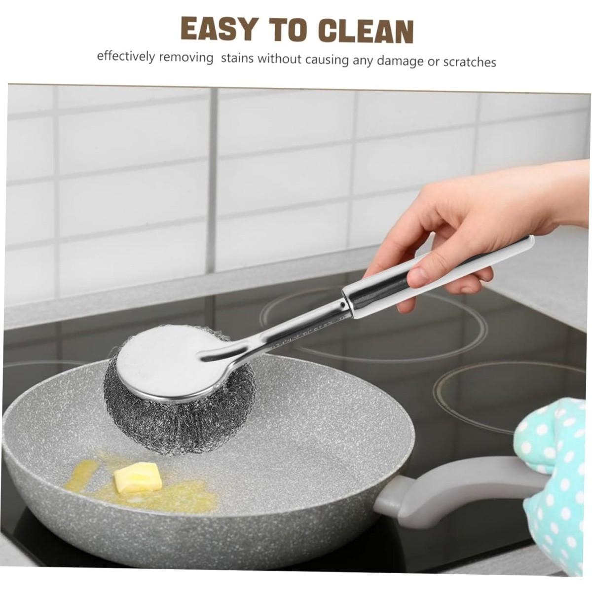 Stainless Steel Pot Brush, Kitchen Specialized Cleaning Tool, Long Handle Dishwasher Safe, Durable Wire Ball Brush, No Threads Shedding