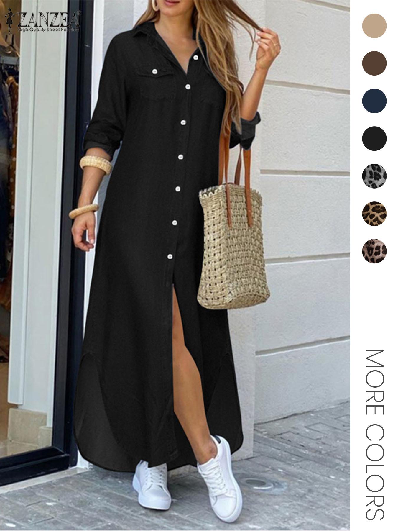 Women's Leopard Print Button Front Flap Pocket Shirt Dress, Casual Curved Hem Long Sleeve Collared Long Dress for Daily Wear, Ladies' Clothes for All Seasons