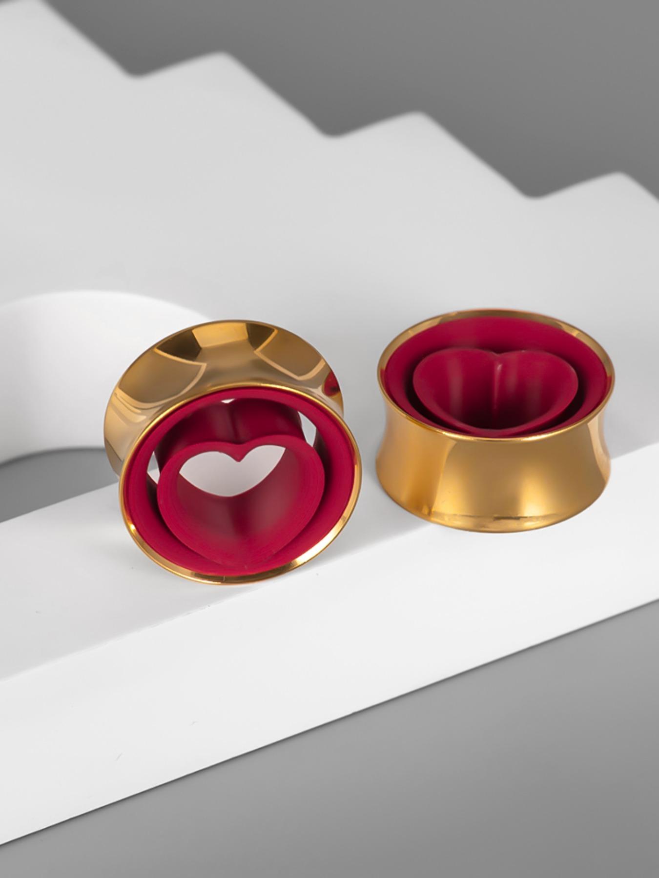 vanku 2pcs Statement Heart Ear Tunnels Plugs, 316L Stainless Steel Hypoallergenic Gauges, Boho Style, All Seasons, Punk Rock Look