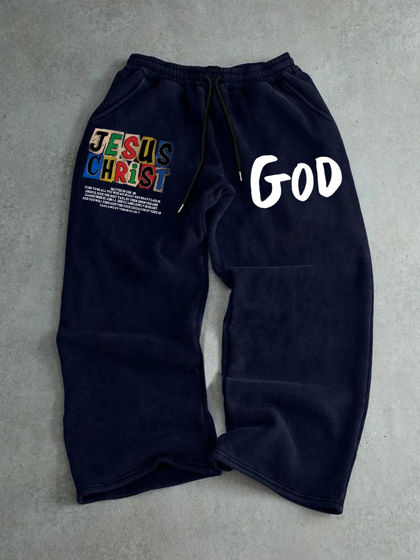 Men's Straight Leg Long Pants with Jesus Print, Casual Fashion, Comfortable Fit, Perfect for Daily Wear, Stylish Men's Clothing