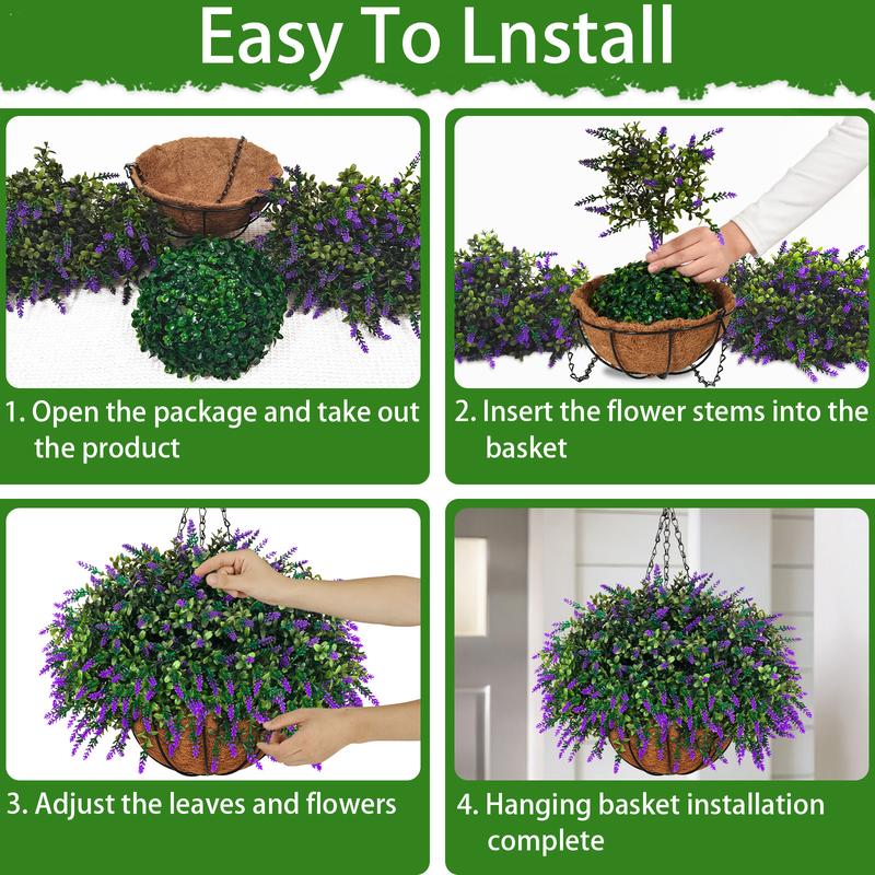 2sets hanging planters for outdoor plants with artificial flowers,2 coconut fiber hanging baskets, 60 artificial lavender flowers,for Summer and Spring Home Porch, Patio, and Terrace Decoration