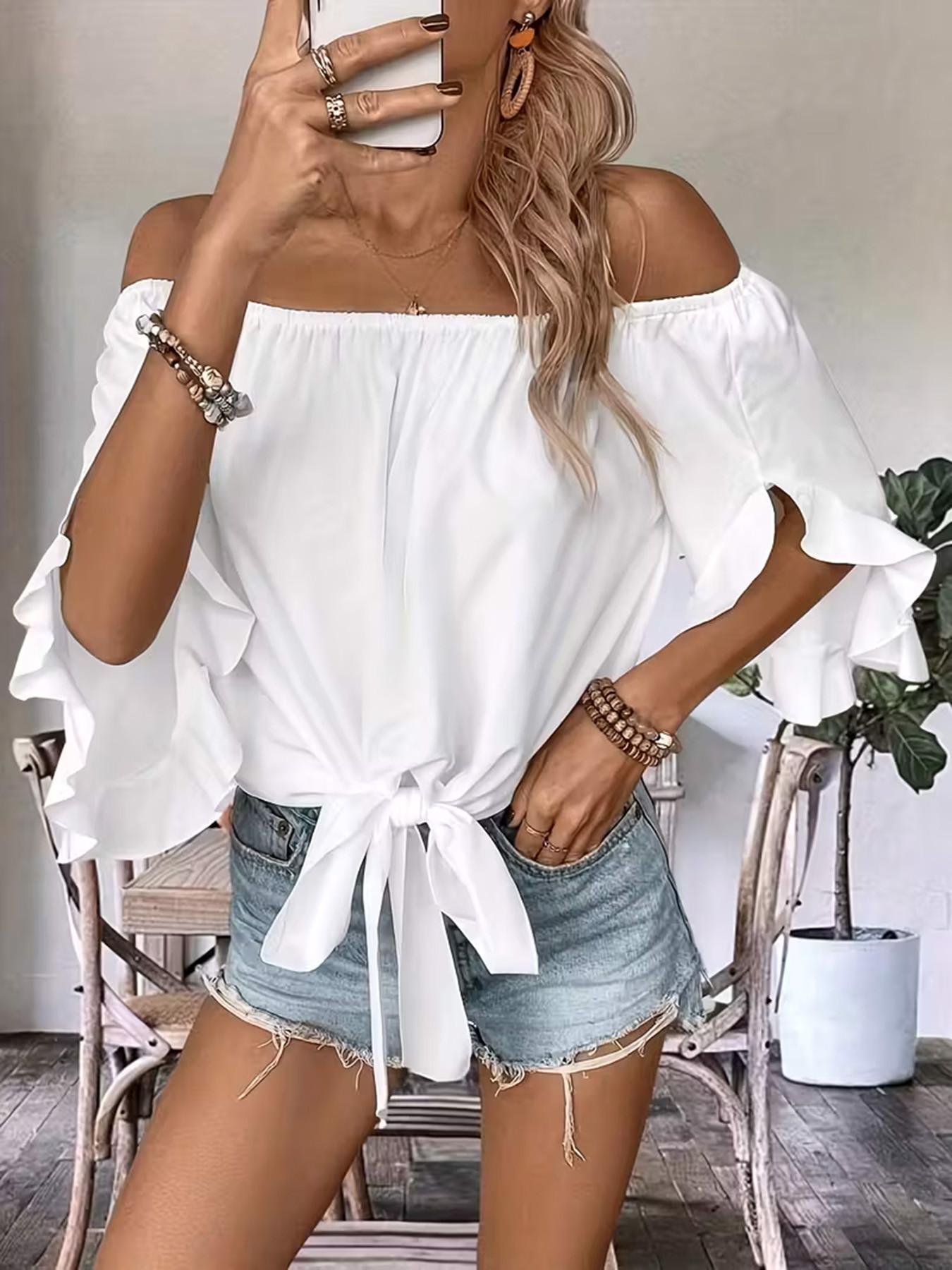 Women's Casual Off-Shoulder Ruffle Bell Sleeve Shirt Blouses, Elegant Feminine Tie Hem Loose Top, Stylish and Comfortable Daily Wear