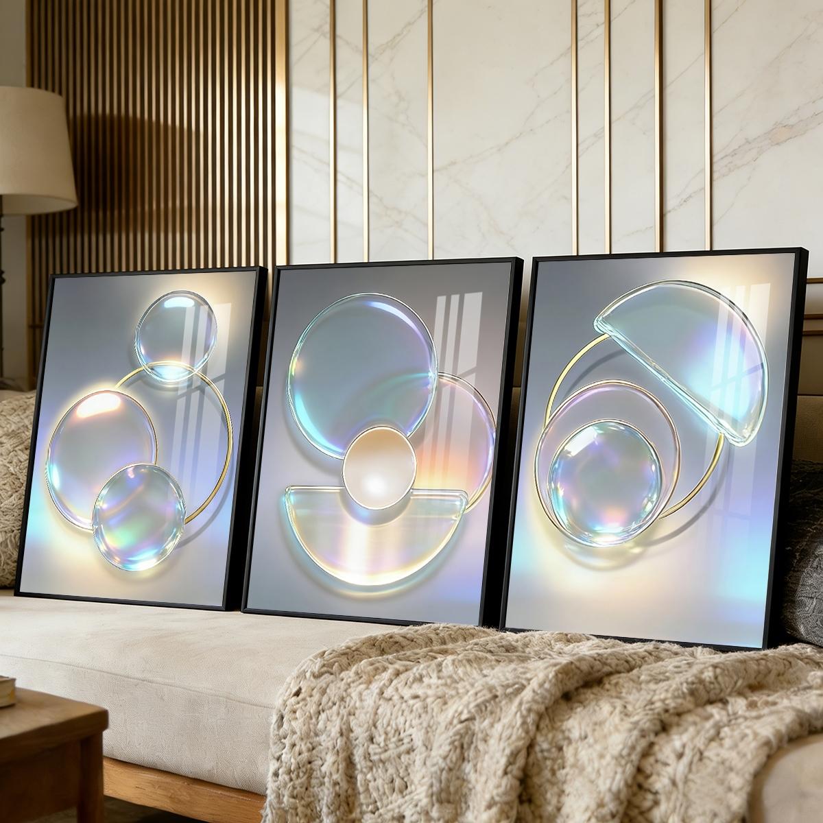 3 Counts Aluminum Alloy Framed Painting, Abstract Iridescent Glass Circles Design, Home Decoration For Living Room, Bedroom, Office, Restaurant, Hallway Wall Decor, Odorless Print Artwork, Luxury Perfect Gift For Friends And Family