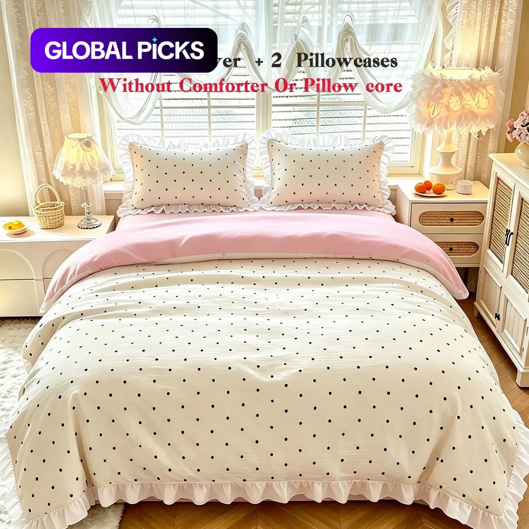 Coquette Ruffle Polka Dot Duvet Cover Set 3Pcs Soft Girl Aesthetic Comfy Bedding Set with Pillow Shams