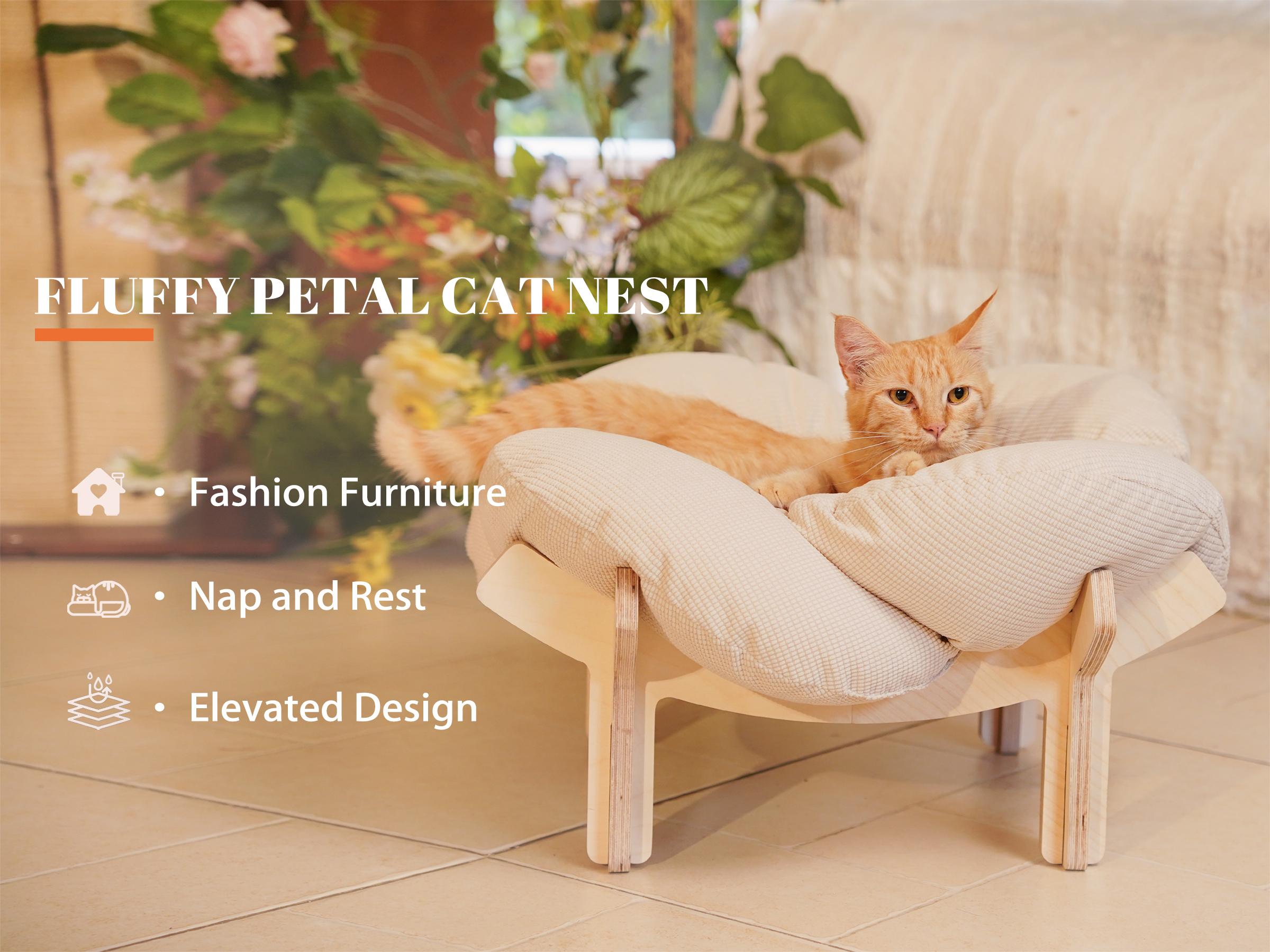 Elevated Flower Cat Bed，Wooden with Cushion， Fluffy Pet Couch Sofa for Indoor Cats and Dogs， Raised Kitty Lounge Chair， Suitable for Puppy, Cat Furniture(Large)