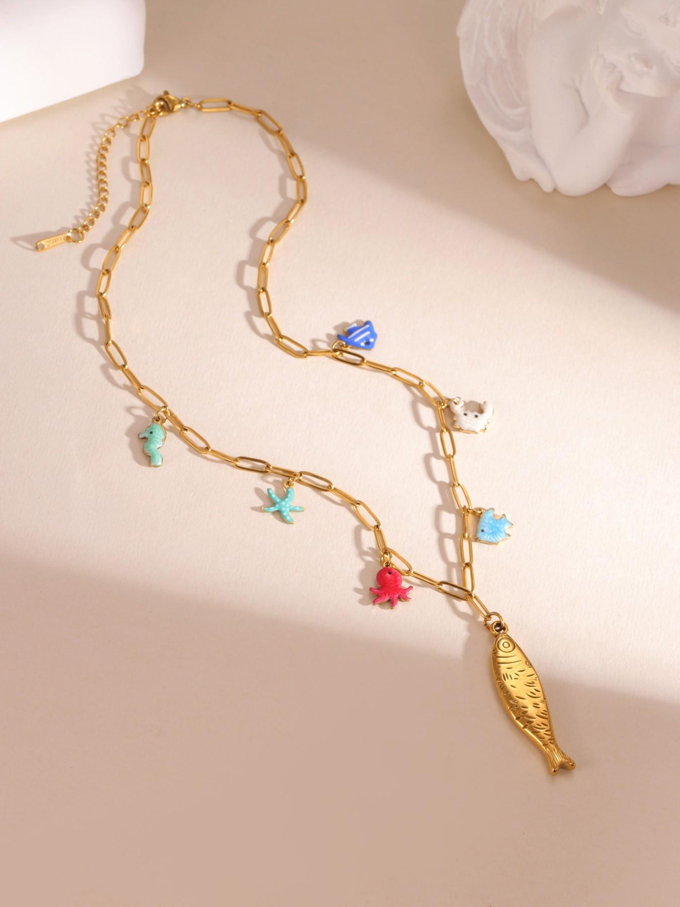 Unique Design Enamel Ocean Fish Sun Seahorse Starfish Charm Gold Necklace Lightweight All Season For Women Vacation Wear