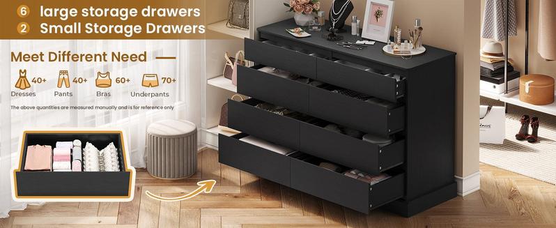 Sikaic 8 Drawers Long Double Dresser with Storage Organizer Wood Top Cabinets Wood Lateral Cabinet Wooden Vertical Chest Modern Home Furniture
