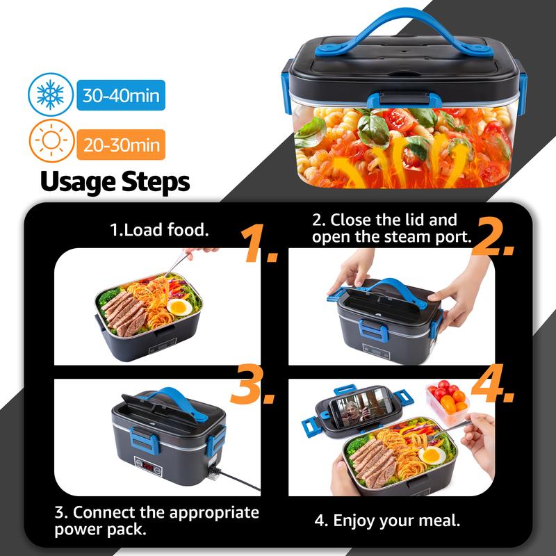 Nifogo Electric Lunch Box Food Heater for Adults, 12V/24V/110V Portable Heated Lunch Box with Fork & Spoon, Insulated Carry Bag - Springtok Tableware Warmer 80W/1.8L/Black+Black 80W/1.8L/Black+Black lunch box kids bento box 80W/1.5L/Black