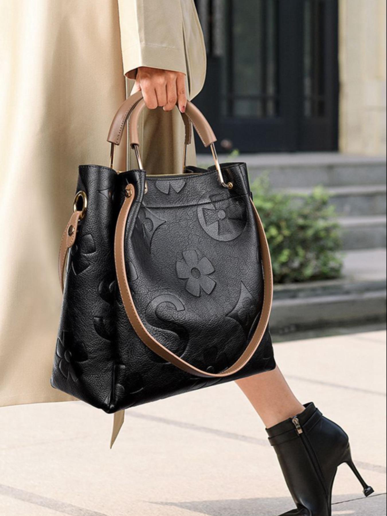 Women's Fashionable Floral Embossed Handbag Set, Including Large Capacity Handbag & Crossbody Bag, Trendy Versatile Daily Commuting Bag Set