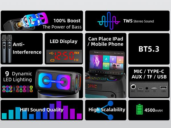 Karaoke Machine for Adults, Portable Bluetooth Speaker with 2 Wireless Microphones, Portable PA System with Disco Lights for Big Party, Outdoor, Ideal Gifts for Family, Music Lover