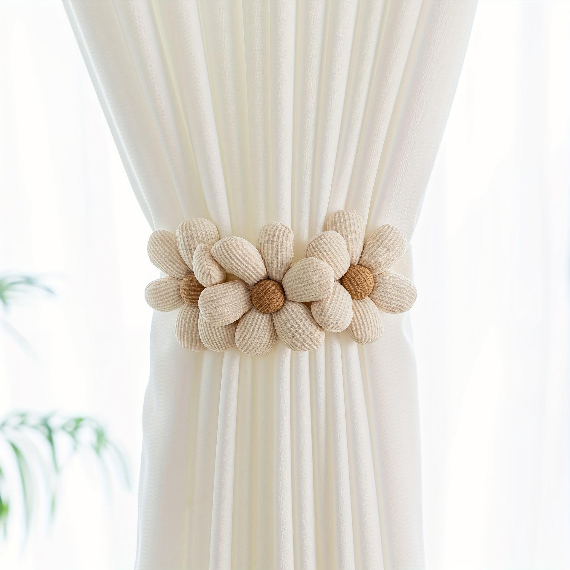 Boho Elastic Curtain Tiebacks with Daisy Floral, Ivory Cream Curtain Holdbacks with Invisible Buckle, Easy Install Decorative Home Accessories for Bedroom Living Room