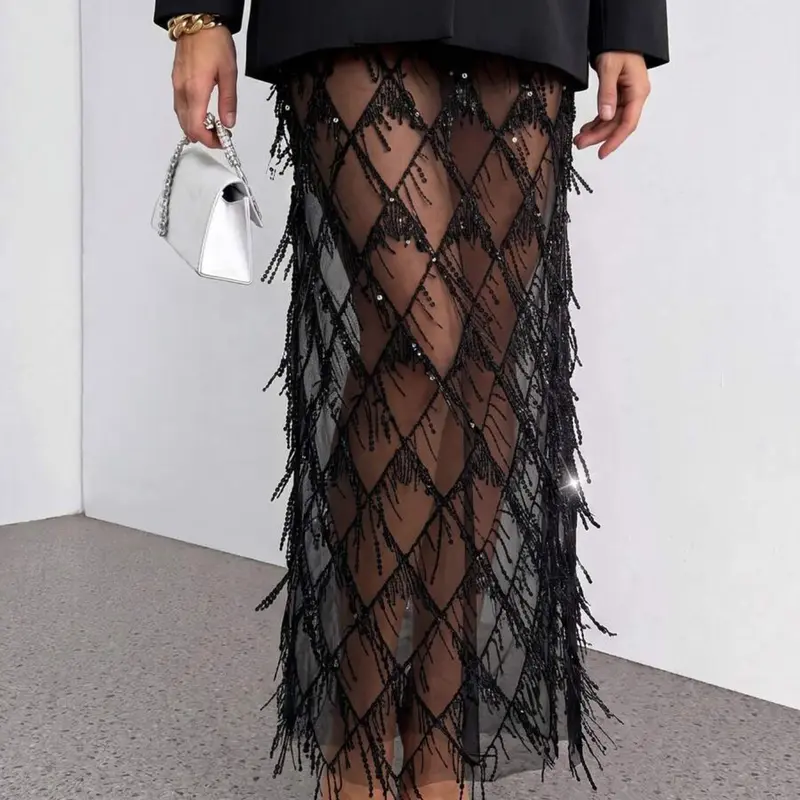Women's Sequin Fringe Mesh Midi Dress, Sheer High Waist Fitted Formal Party Gown, Festival Prom Occasion Dress, Sexy Contrast Sequin Design