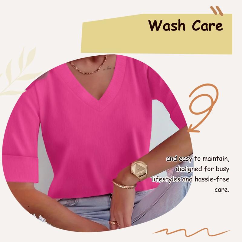 Plus Size Solid V Neck Roll Up Sleeve Tee, Casual T-shirt , Women's Plus Clothing for Daily Wear, Cute Tops, Quality and Durability
