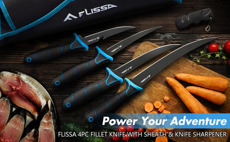 #JumpstartSale FLISSA Fillet Knife Set, Boning Knife & Bait Knives with Sharpener, Protective Sheath, Belt Clip, Non-Slip Handle, Portable Pouch & Corrosion Resistant Coating Blade, for Fresh or Saltwater (4-Pack)